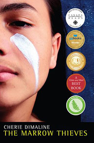 Close-up of a face with white streak, awards, "Cherie Dimaline - The Marrow Thieves" on a black background.