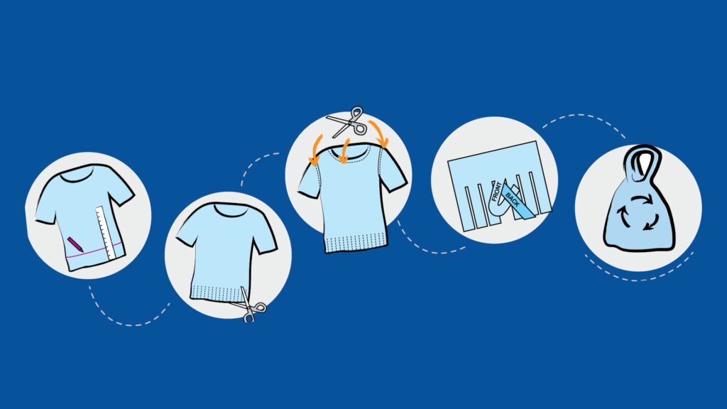 Instructional illustration showing how to transform a t-shirt into a tote bag by cutting and tying sections.