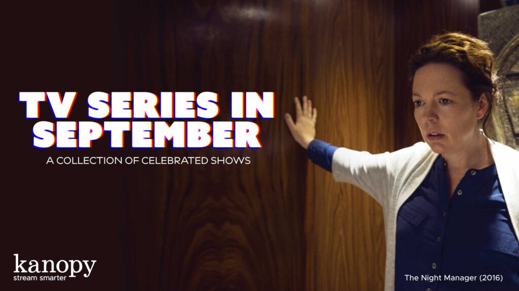 Woman in a cardigan stands against a wood-paneled wall; text promotes TV series in September on Kanopy.