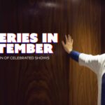 Woman in a cardigan stands against a wood-paneled wall; text promotes TV series in September on Kanopy.