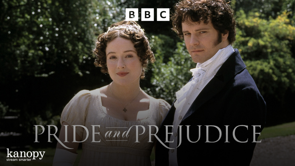 A woman and man in Regency attire stand outdoors; text reads “Pride and Prejudice” and “BBC.”.
