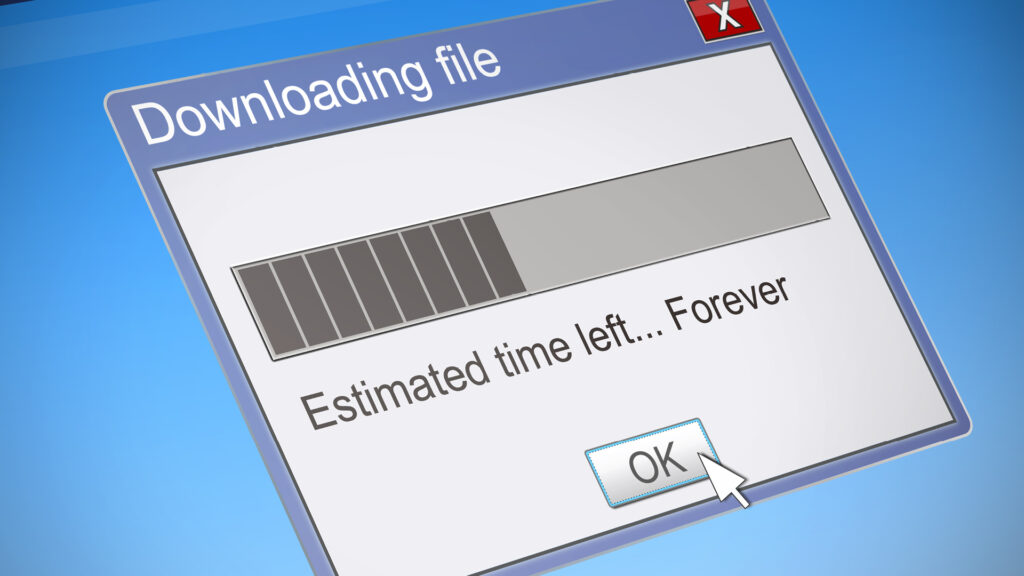 A download window shows "Estimated time left... Forever" with a progress bar and an OK button.
