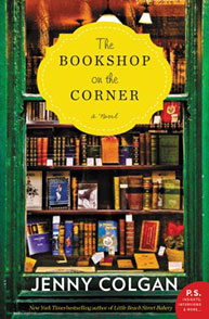 Book cover: "The Bookshop on the Corner" by Jenny Colgan, featuring a colorful book display behind a green window frame.