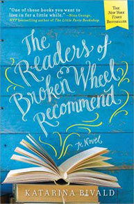 Blue cover of "The Readers of Broken Wheel Recommend" by Katarina Bivald with an open book illustration at the bottom.