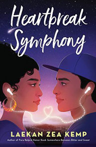 Cover of "Heartbreak Symphony" by Laekan Zea Kemp featuring two young people facing each other, connected by a heart-shaped string of lights.