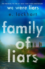Cover of the book "Family of Liars" by E. Lockhart, showing a green and blue abstract background with silhouettes of people.