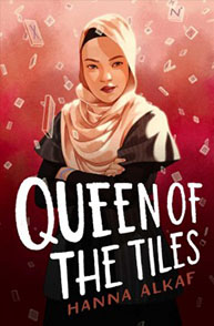 Book cover of "Queen of the Tiles" by Hanna Alkaf, featuring a woman in a hijab against a red background with tiles falling.