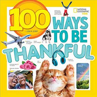 National Geographic Kids magazine cover titled "100 Ways to Be Thankful" featuring a happy cat and various images.