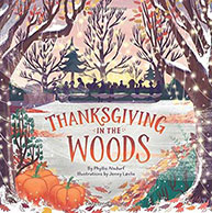 Illustrated book cover with fall trees, pumpkins, and people around a table. Text: "Thanksgiving in the Woods.