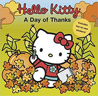 Hello Kitty surrounded by autumn leaves with pumpkins, holding a pencil and paper. Text: "Hello Kitty: A Day of Thanks".