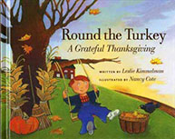 Children's book cover with a child on a swing under a tree; title: "Round the Turkey: A Grateful Thanksgiving.