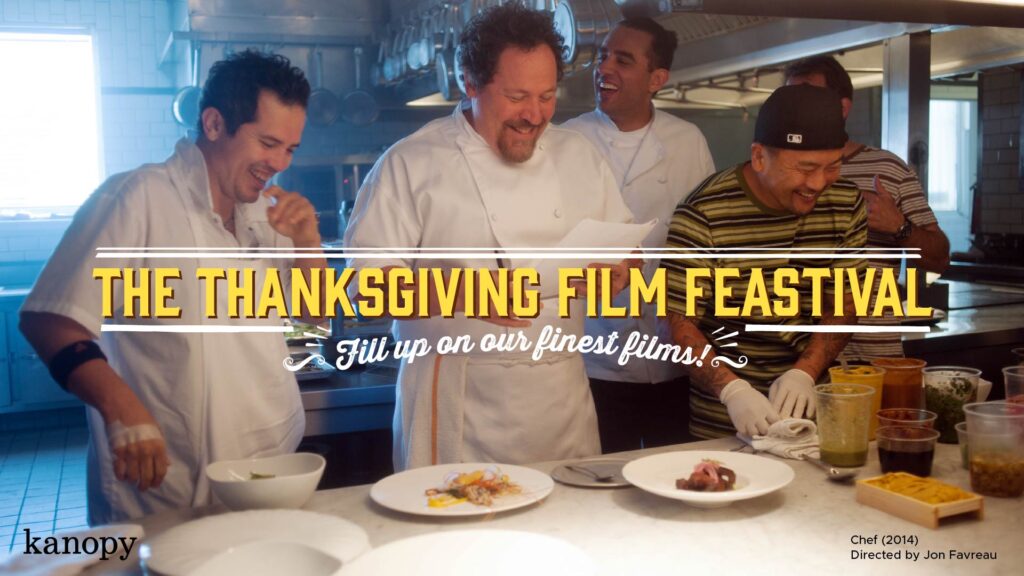 Four chefs laugh together in a kitchen, preparing dishes for a Thanksgiving film festival event.