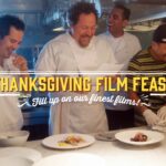 Four chefs laugh together in a kitchen, preparing dishes for a Thanksgiving film festival event.