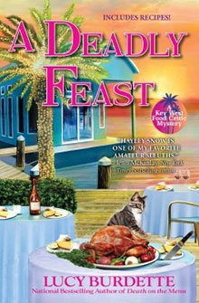 Colorful book cover with a roast turkey, a cat on a table, tropical palm trees, and bold pink title text.