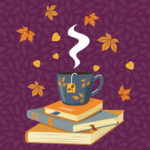 A steaming mug on stacked books with autumn leaves and acorns on a purple leafy background.
