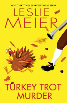 Book cover: A startled turkey runs as a pilgrim's legs chase it with a musket; leaves scatter on a yellow background.