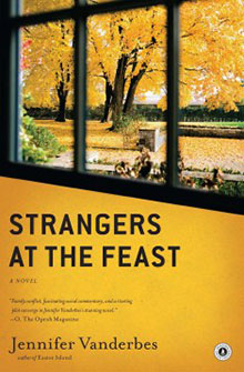 Book cover for "Strangers at the Feast" with autumn trees viewed through a window and yellow leaves on the ground.