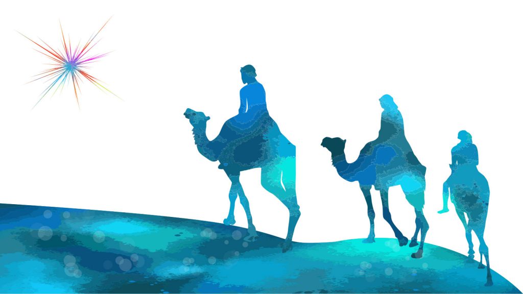 Silhouettes of three people riding camels in blue tones following a bright star in the sky.