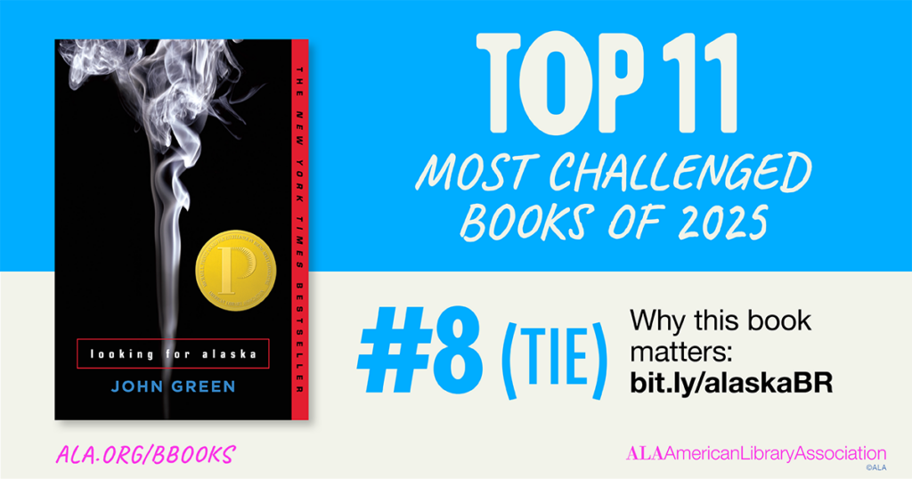 Book cover of "Looking for Alaska" by John Green ranked #8 tie in 2025’s most challenged books by the ALA.