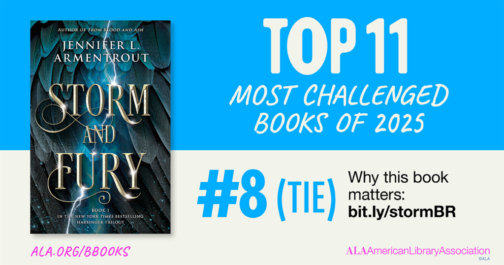 Book cover of "Storm and Fury" by Jennifer L. Armentrout ranked #8 (tie) in most challenged books of 2025.