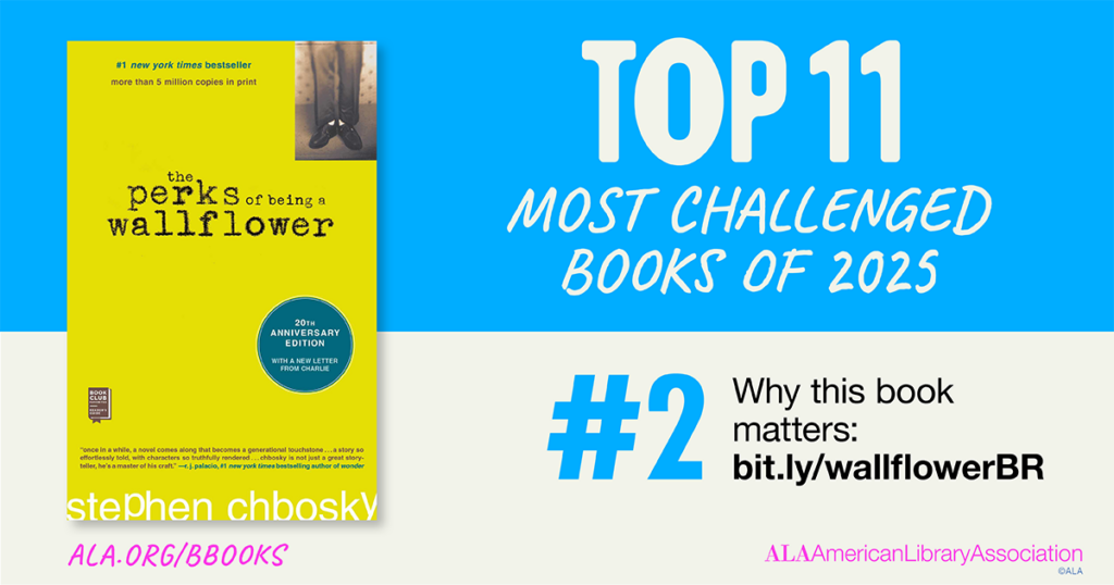 The perks of being a wallflower is #2 on the top 11 most challenged books of 2025 list by ALA.