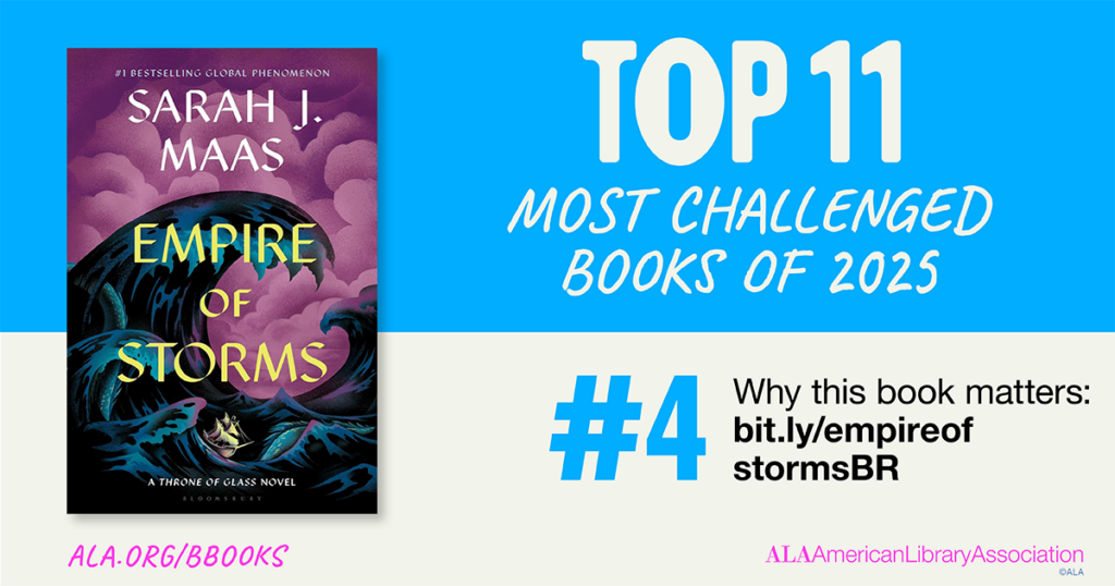 Book cover of "Empire of Storms" by Sarah J. Maas, ranked #4 on the Top 11 Most Challenged Books of 2025.