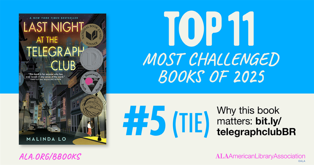 Book cover of "Last Night at the Telegraph Club" by Malinda Lo, ranked #5 most challenged book of 2025.
