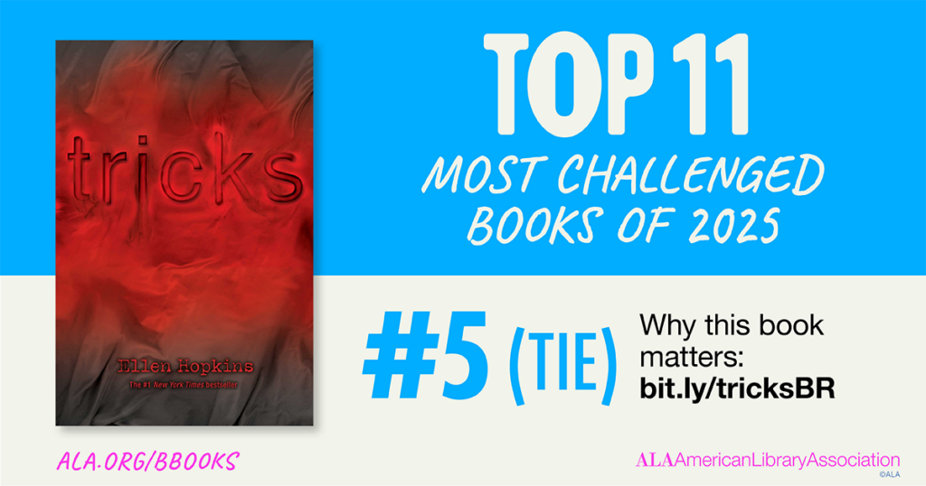 Book cover of "Tricks" by Ellen Hopkins, listed as #5 tied on the Top 11 Most Challenged Books of 2025.