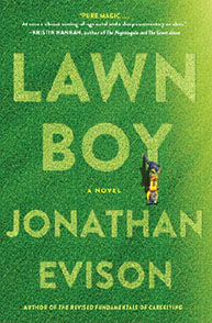 Book cover of "Lawn Boy" by Jonathan Evison, featuring a green lawn background and a person mowing grass.