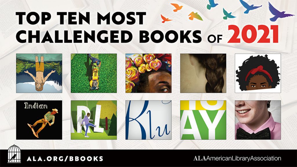 Image listing the top ten most challenged books of 2021 with book covers and colorful bird illustrations.