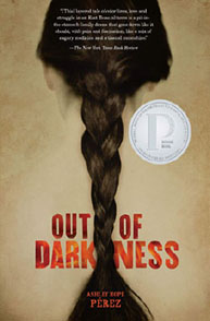 The cover of "Out of Darkness" by Ashley Hope Pérez, featuring a braid against a beige background with red title text.