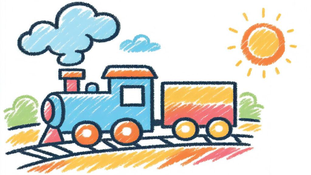 Crayon drawing of a blue train with steam, rolling on tracks under a sunny sky with clouds and greenery.