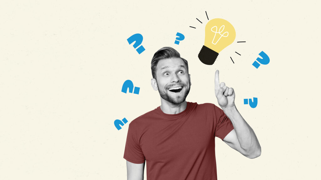 Smiling man points up with a lightbulb above his finger and blue question marks around his head.