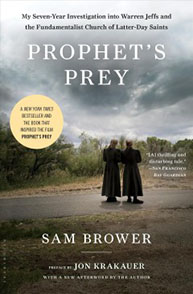 Book cover of "Prophet's Prey" by Sam Brower showing two men in long coats and hats walking on a road.