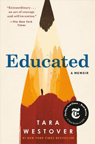 Book cover of "Educated" by Tara Westover, depicting a pencil with a mountain scene and a small figure standing on it.