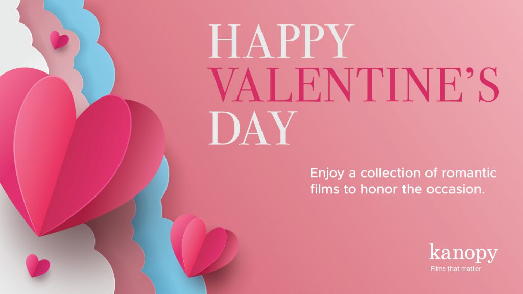 Kanopy Valentine's Day card with pink heart illustrations and text: 'Enjoy a collection of romantic films to honor the occasion.'.