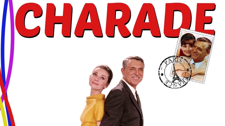 Image of a man and woman back-to-back under the title "Charade" with a stamp showing their faces and "Paris" written on it.