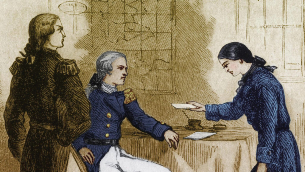 A historical scene of three men in uniforms, one seated at a table receiving a letter from another.