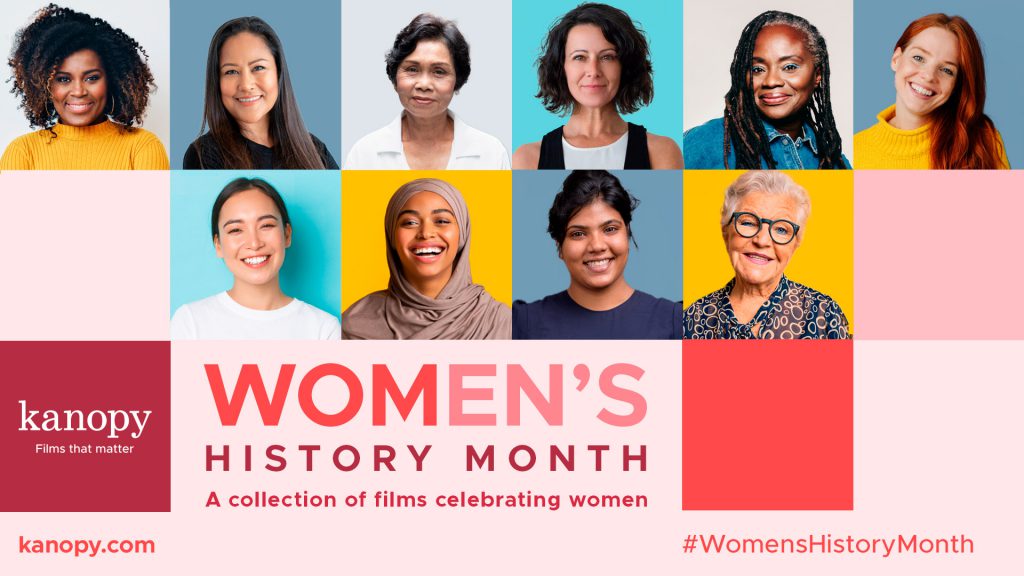 Diverse women smiling, promoting Women's History Month with text "A collection of films celebrating women" and "kanopy.com.