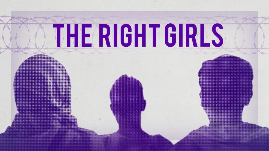 Silhouettes of three people with "THE RIGHT GIRLS" text above in purple.