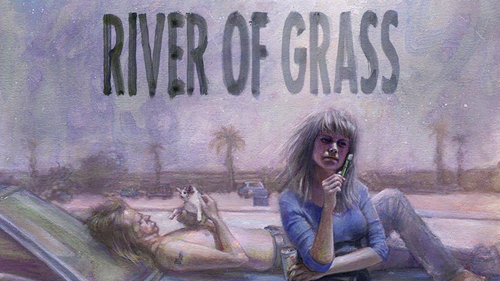 Painting of a woman holding a cigarette, sitting on a car with a man and cat; text above reads "RIVER OF GRASS".