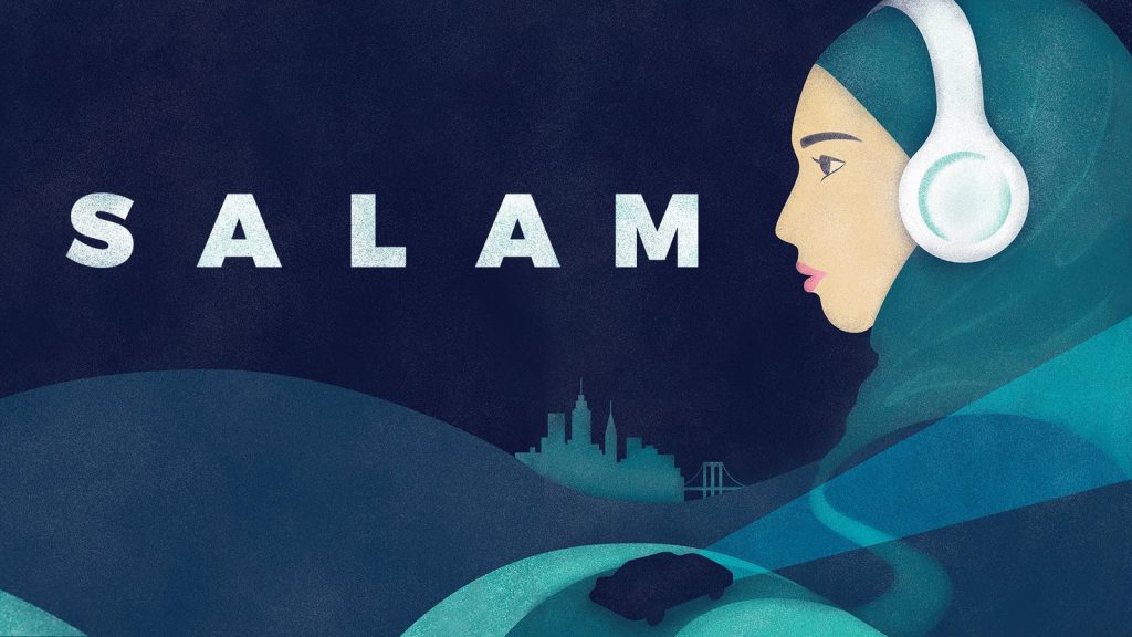 A woman wearing headphones and a hijab in profile view with the word "SALAM" over a cityscape silhouette.
