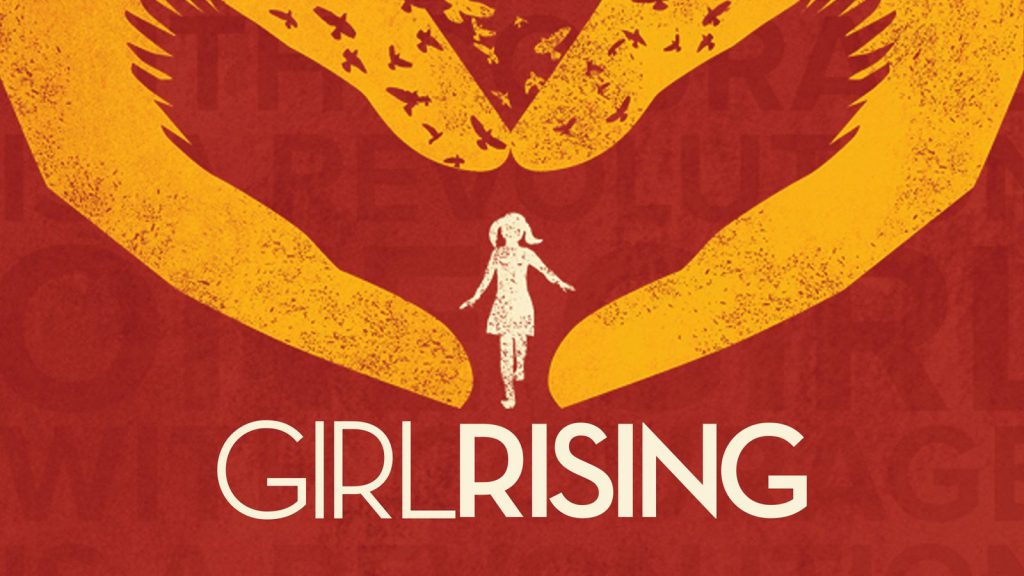 Artwork of a girl in the center with large hands forming a heart shape above her. Text reads: "GIRL RISING.