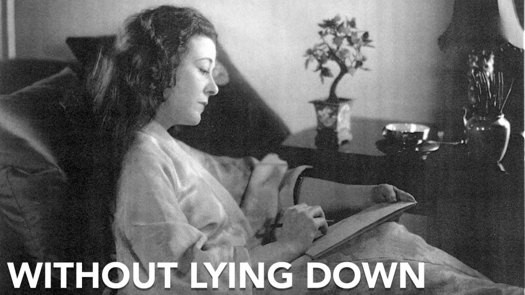 A woman reclines on a couch, writing in a notebook, with the text "WITHOUT LYING DOWN" visible on the image.
