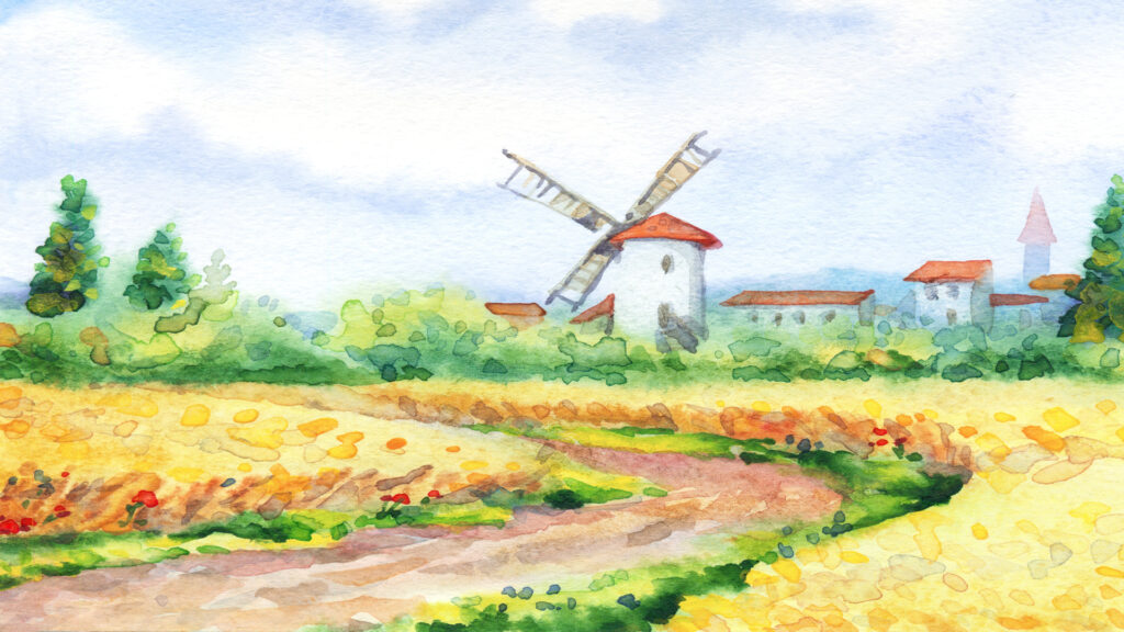 Watercolor of a country path winding through golden fields, leading to a windmill and village houses.