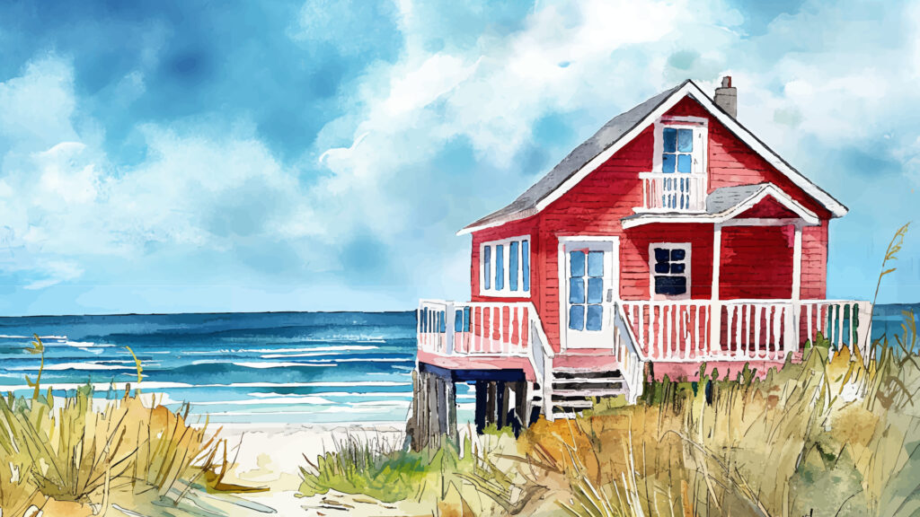 A red beach house on stilts overlooks the ocean, surrounded by sand dunes and grasses under a blue sky.