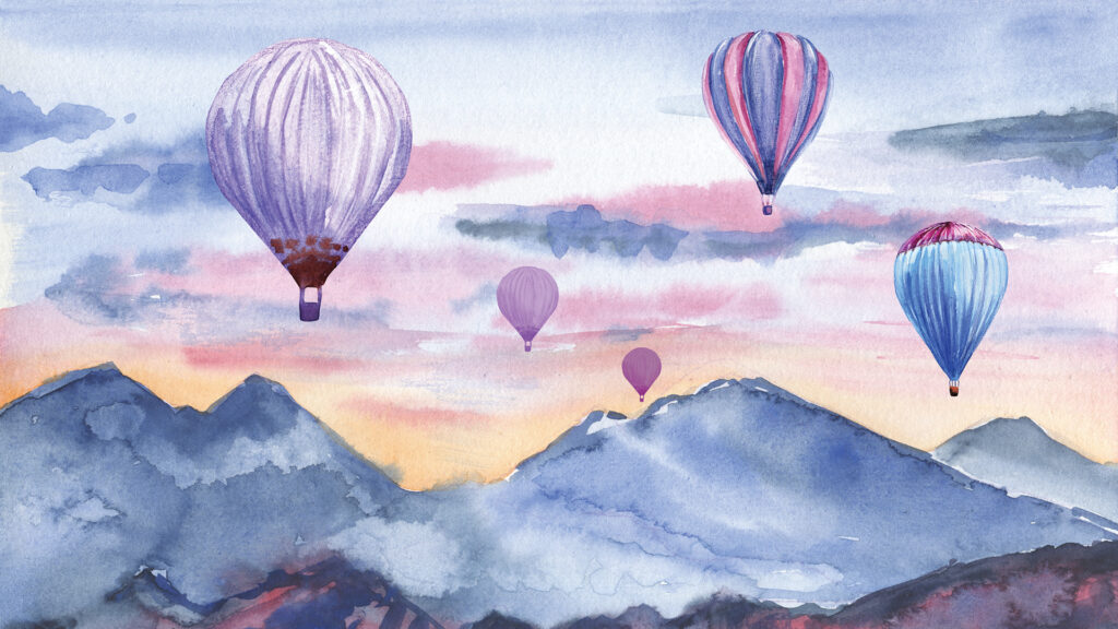 Four colorful hot air balloons float above blue mountains at sunrise, painted in a watercolor style.