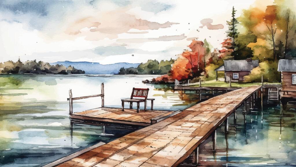 A wooden dock over a calm lake, with a bench, trees in autumn colors, and cabins along the shore.