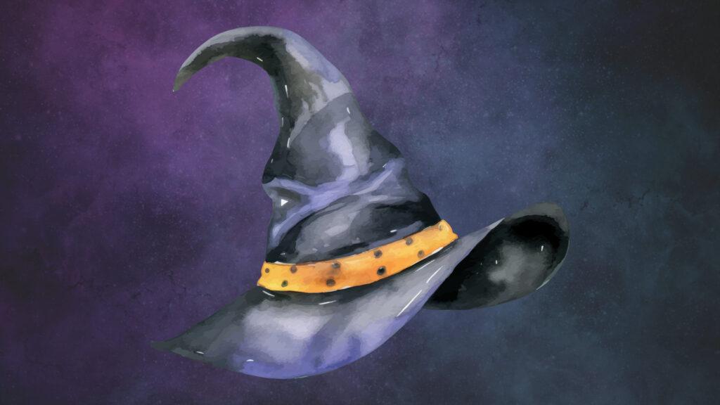 A black witch hat with a yellow band floats against a dark purple and blue textured background.