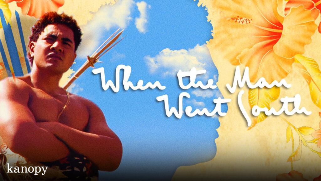 A man with a spear stands under a blue sky, with text reading "When the Man Went South.